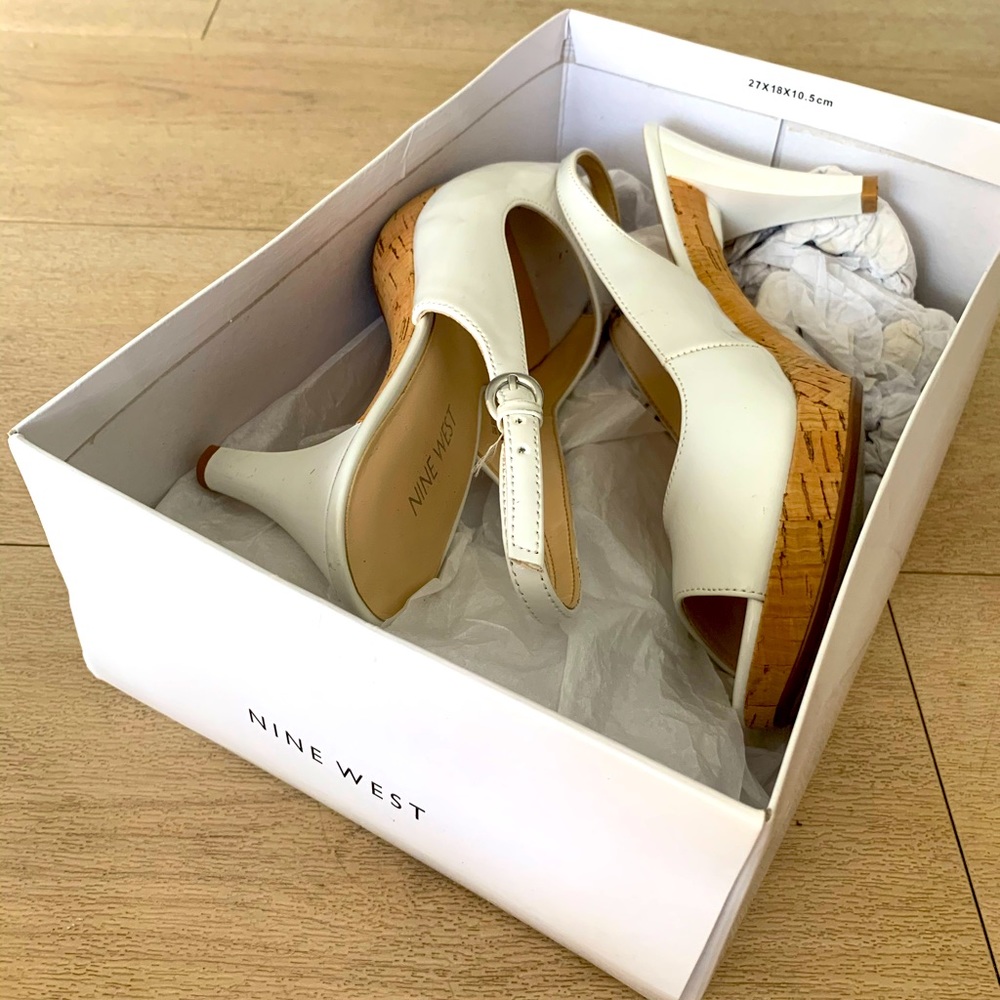 White peep toe heeled buckled sandals